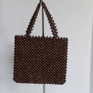 Vintage Brown Beaded Handbag Lined in light green textile‎